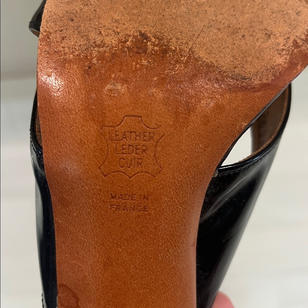 Charles Jourdan Vintage Black Patent Leather Cork Heels Sandals Mules - Picture 8 of 11